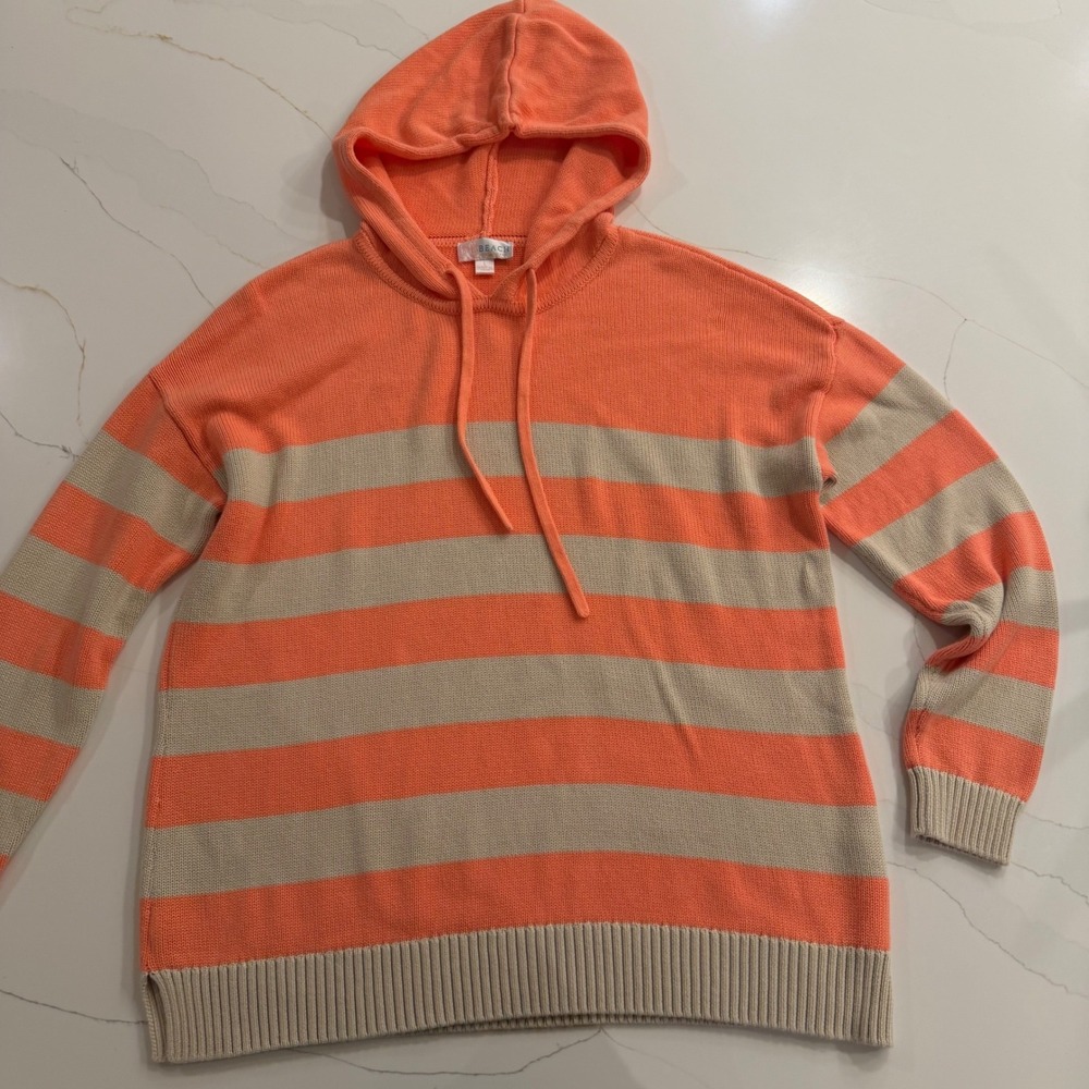 Belle Beach Kim Gravel Orange Tan Striped Knit Hoodie‎ Sweater Womens Large